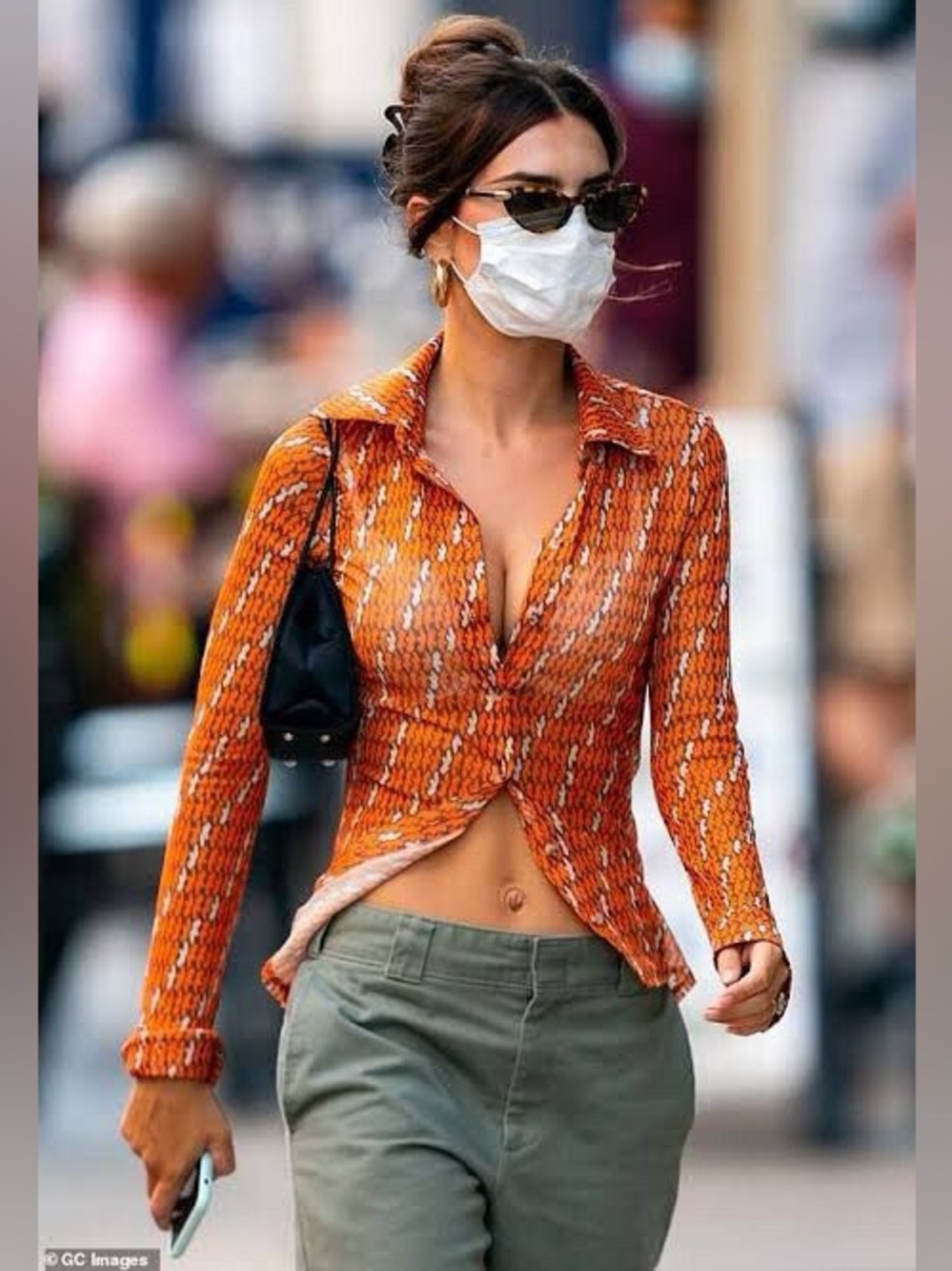 Inamorata Mesh Orange Patterned Long-Sleeve Button Front Top S